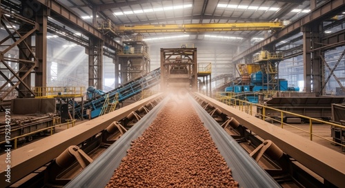 Industrial conveyor belt transporting raw materials inside a factory, with machinery and structures visible in the background.
