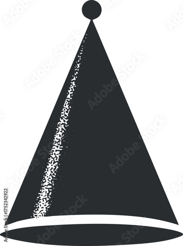 Monochrome illustration of a simple party hat with a conical shape and festive design.