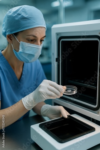 female scientist working in laboratory with petri dish, medical research concept, IFV