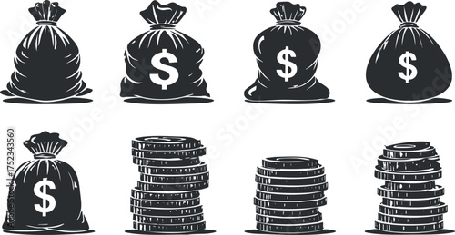 Monochrome illustration of money bags and coin stacks representing wealth and financial concepts.