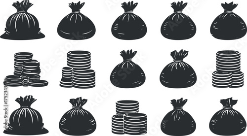 Seamless pattern of money bags and coin stacks representing wealth and financial concepts.