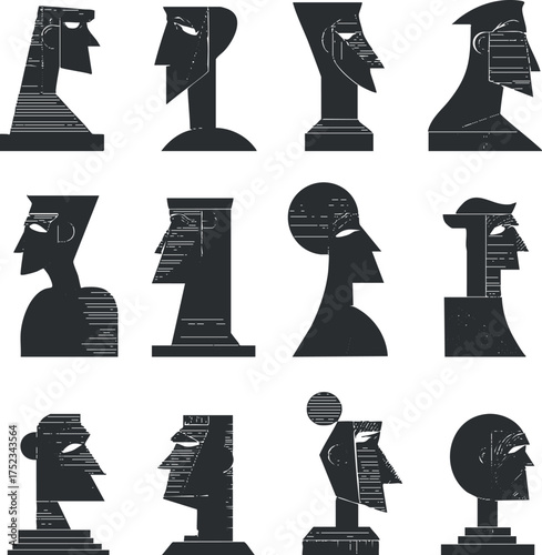 Abstract geometric silhouette portraits in a modern, monochrome style with textured elements.