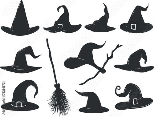Collection of black witch hats and broom silhouettes for Halloween or magical themes.