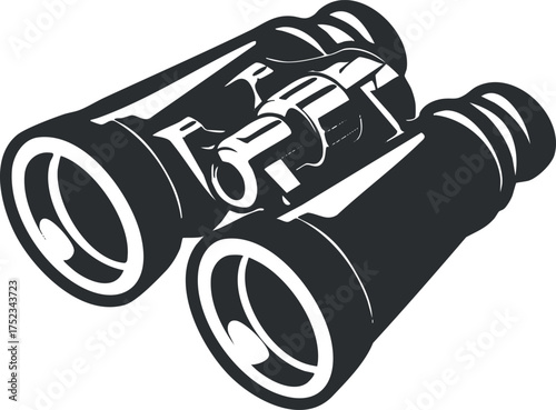 Black and white silhouette illustration of binoculars, symbolizing exploration and observation tools.