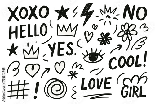 Hand-Drawn Doodle Set with Expressive Words and Symbols in Black Ink