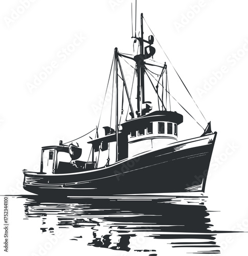 Silhouette of a fishing boat on calm water, reflecting a classic nautical design.