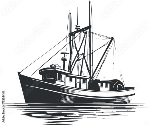 Black and white illustration of a fishing boat on the water, showcasing nautical themes.