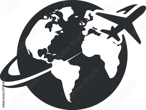 Silhouette of an airplane circling around a globe, symbolizing global travel and exploration.