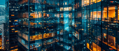 Ciudad por la noche reflejada en los edificios de cristal