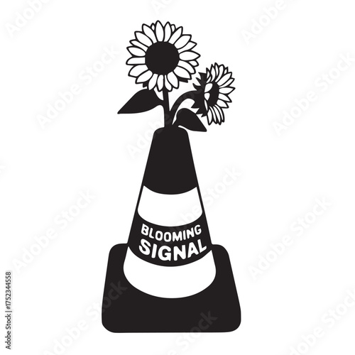 Black and white flower silhouettes in a vase with simple floral design inspired by nature and spring blossoms