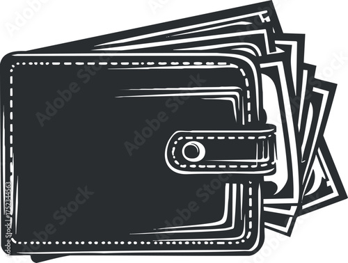Simple black and white illustration of a wallet filled with cash, symbolizing finance and savings.