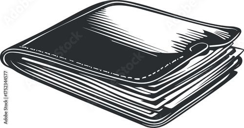 Black and white sketch illustration of a folded leather wallet, showcasing detailed line art.