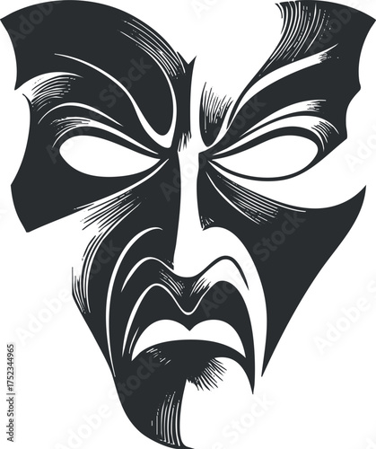 Black and white illustration of an expressive theatrical mask showing intense emotion.