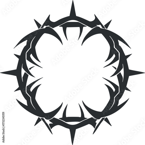 Black thorny circle emblem with sharp spikes and abstract design on a white background.