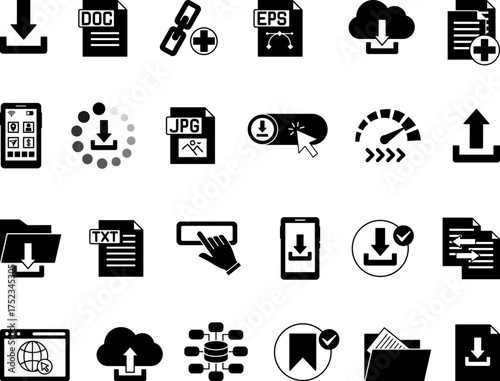Black Download Icon Set. Vector Illustrations: Download File, Document, Link, Button, Upload to Cloud, Copy, App, Save, Speed, Folder, Data, and More