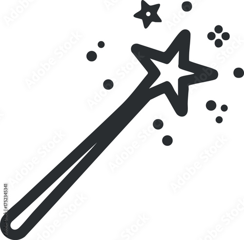 Simple black magic wand icon with star and sparkles, representing fantasy and enchantment.