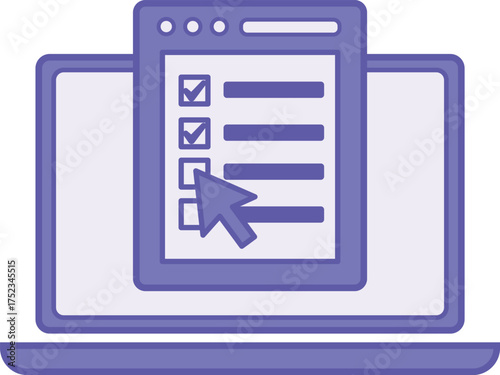 Colored Online Survey Icon. Vector Illustration. Laptop and Questionnaire. Collecting Community Opinion on Various Issues Online. Feedback Concept