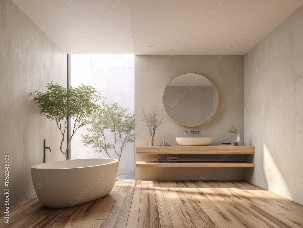 Fototapeta premium A bathroom with a large mirror and a white sink