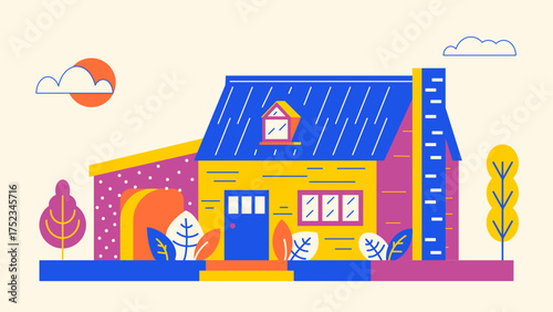  A bright and cozy colorful cottage surrounded by a picturesque landscape. Its cheerful hues evoke warmth and joy, making it perfect for inspiring stories and creating a inviting atmosphere of home 