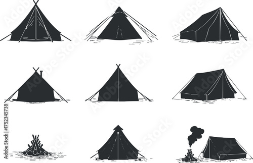 Illustration of various tent designs and a campfire, showcasing outdoor camping elements.