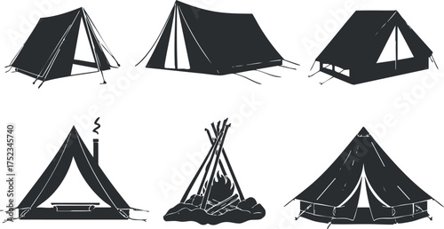 Silhouette illustration of various camping tents and a campfire, ideal for outdoor adventure themes.