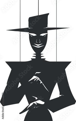 Silhouette of a mysterious puppet figure in a hat, controlled by strings in black and white.