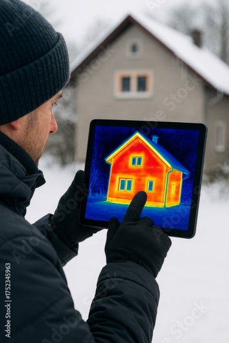 man using tablet with thermal camera to check house insulation in winter