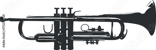 Black and white silhouette of a trumpet with detailed valves and mouthpiece in vector style.