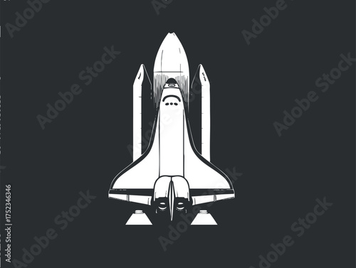 Black and white illustration of a space shuttle launching with boosters attached.