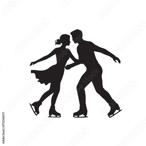 Romantic Ice Skating Couple Silhouette: Black and White Vector Illustration of Partners Holding Hands