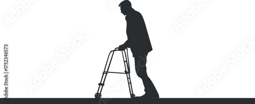 Silhouette of an elderly person using a walker for support against a white background.