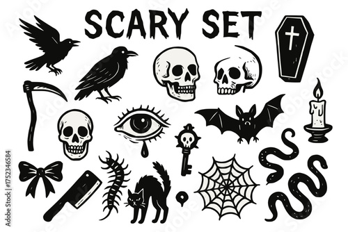 Scary Halloween Symbol Set in Black and White for Gothic and Spooky Design