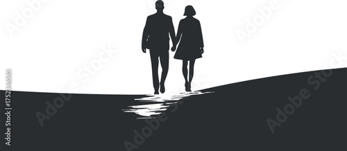 Silhouette of a couple walking hand in hand, symbolizing love and companionship.