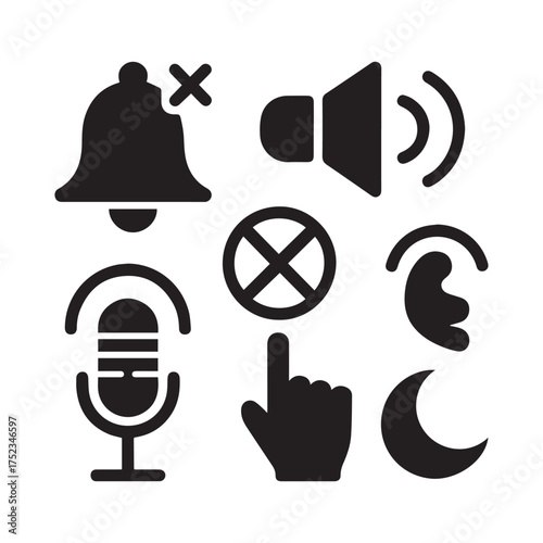 Sound and Notification Icon Set: Mute, Volume, Microphone, and Do Not Disturb Vector Glyphs