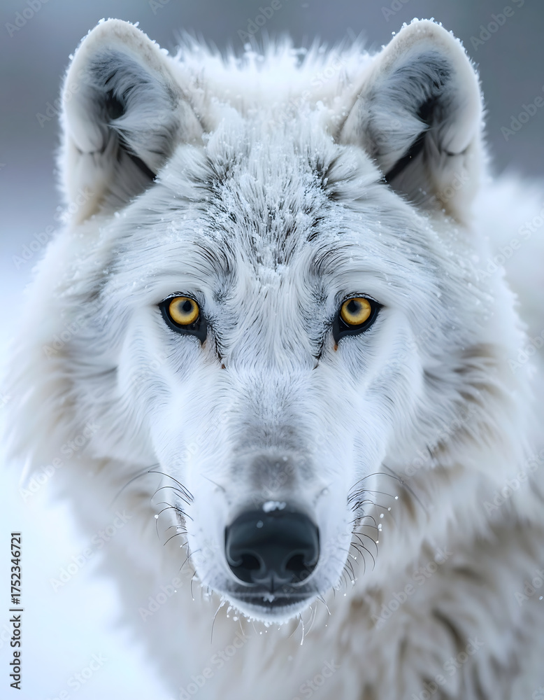 Obraz premium extreme macro close-up portrait of a white wolf facing the camera in the snow
