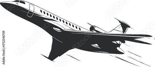 Black and white vector illustration of a jet airplane in flight, showcasing speed and aerodynamics.