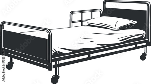 Illustration of a hospital bed with pillow and blanket, featuring a metal frame and wheels.