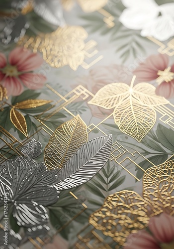 Elegant Floral Pattern with Gold and Silver Leaves | Delicate Botanical Background for Wallpaper, Fabric Prints, and Luxury Packaging