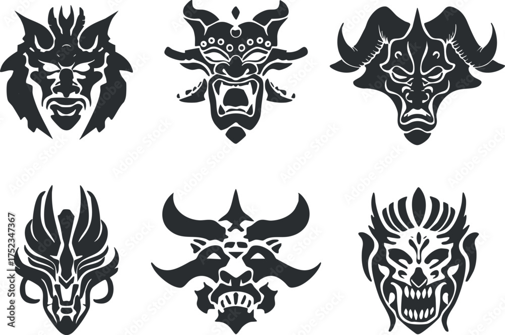 Obraz premium Collection of six black tribal masks with mythical and fierce designs for tattoo inspiration.