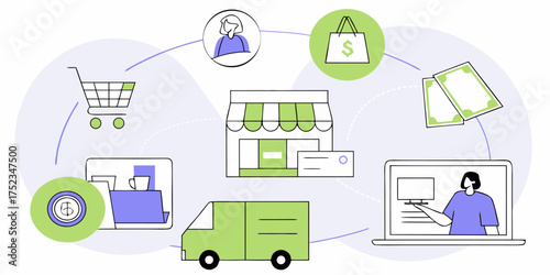E-commerce Network Vector Illustration Showcasing Online Shopping, Delivery Services, and Digital Transactions Connecting Customers, Merchants, and the Supply Chain