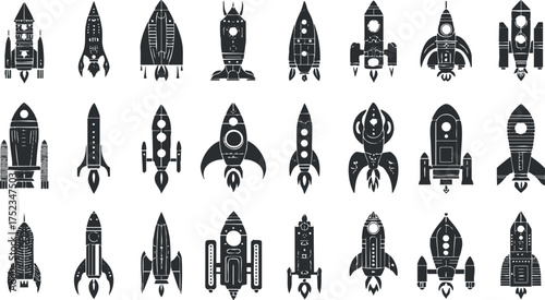 Collection of black and white rocket ship silhouettes in various designs and styles.