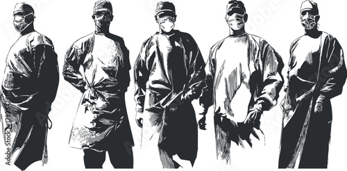 Illustration of a group of surgeons in protective attire, showcasing teamwork in a medical setting.