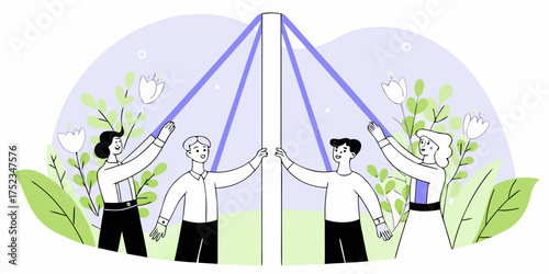 Maypole Dance Illustration Vector Folkloric Celebration Tradition Spring Festival Community Event Ribbon Dance Graphic with People Celebrating May Day Culture of Community Celebration