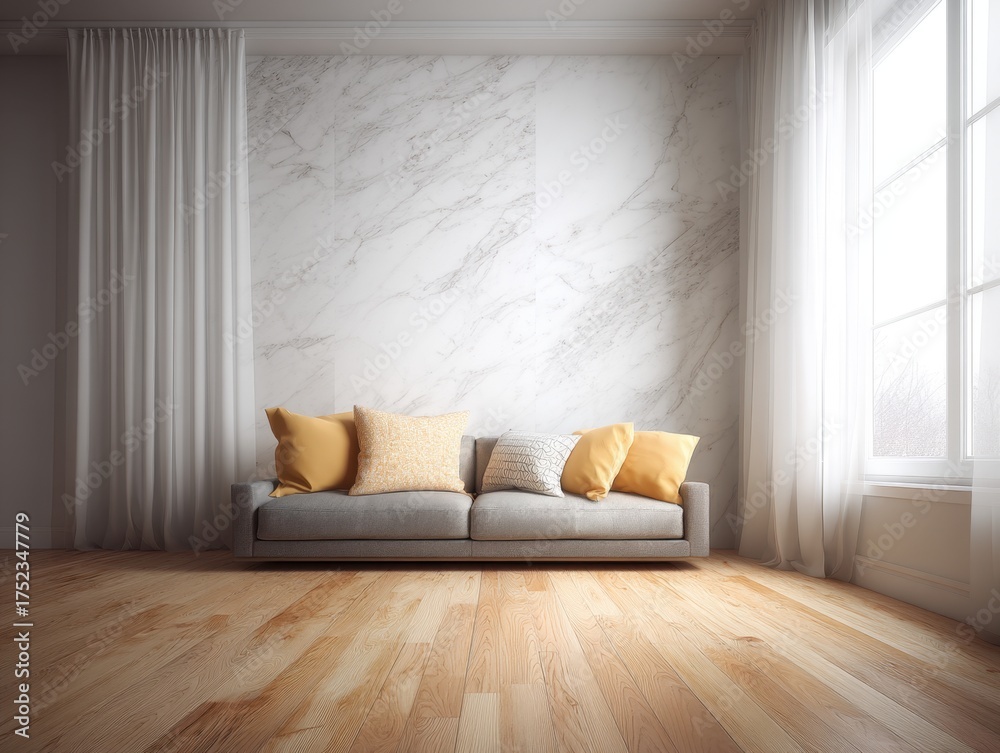 Fototapeta premium A living room with a white wall and a white couch