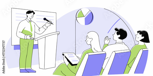 Dynamic Presentation Illustration: Speaker Engaging Audience with Visual Aids, Business Conference Setting, Seminar Vector Graphic