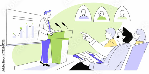Engaging Business Presentation Illustration: Speaker, Audience Interaction, Data Charts and Online Participants in a Modern Corporate Setting Vector Art