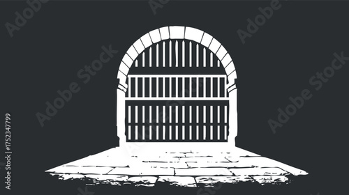 Monochrome illustration of an arched gate with bars, creating a strong contrast against a black background.
