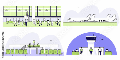 Modern Airport Scene Illustrations Diverse Views of Airport Operations Terminal Check-In Luggage Handling and Air Traffic Control Depicting Air Travel Infrastructure and Airport Activities