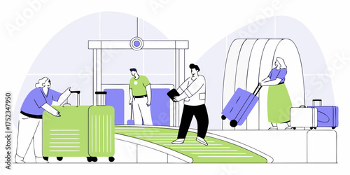 Airport Security Conveyor Belt Luggage Screening Modern Flat Vector Illustration Depicting Airport Security Procedures with Passengers and Staff Handling Luggage Through X-Ray Machines