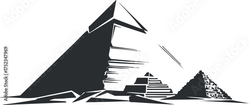 Black and white illustration of Egyptian pyramids showcasing iconic ancient architecture.